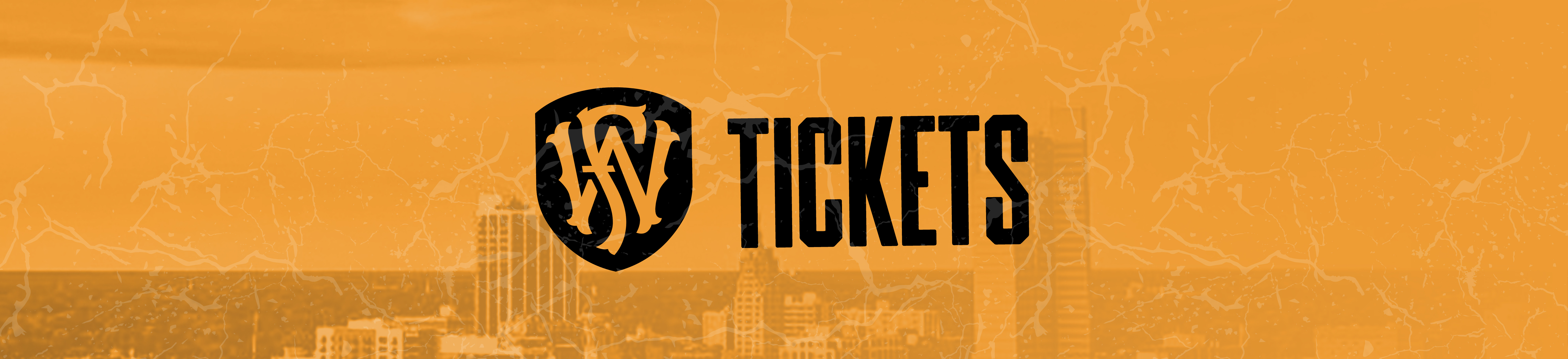 An orange banner featuring the Fort Wayne FC logo next to bold black text that reads “Tickets,” set against a subtle city skyline background. Promotional header image for Fort Wayne FC ticket sales and matchday access information.