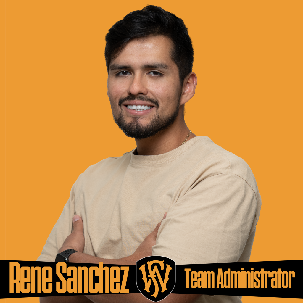 A smiling man stands with arms crossed against an orange background, wearing a beige shirt. The graphic features the Fort Wayne FC logo and text reading “Rene Sanchez | Team Administrator.” Promotional image highlighting Fort Wayne FC staff and team operations.